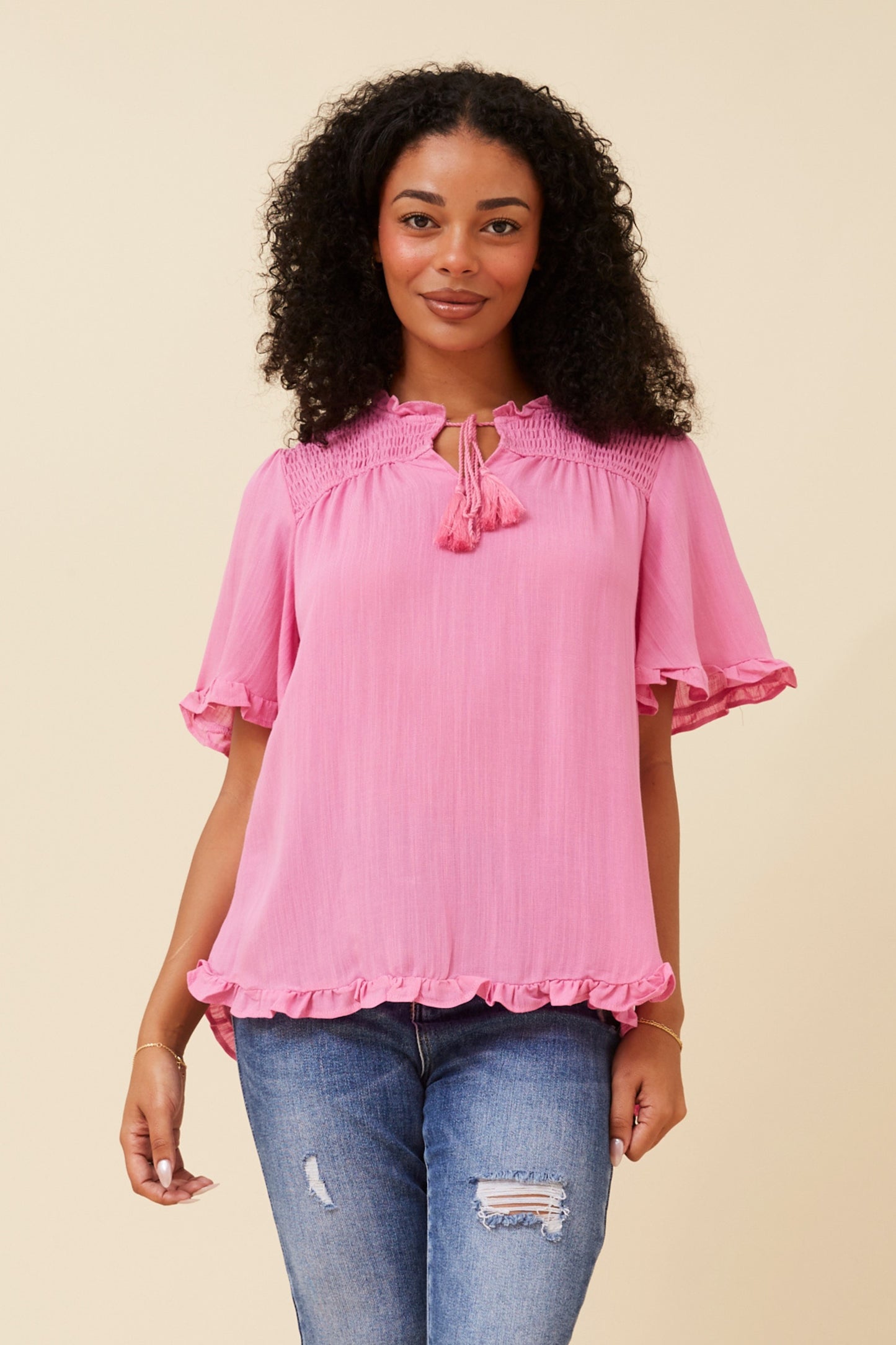 Kristel Short Frill  Sleeve Top T520237 - Pink