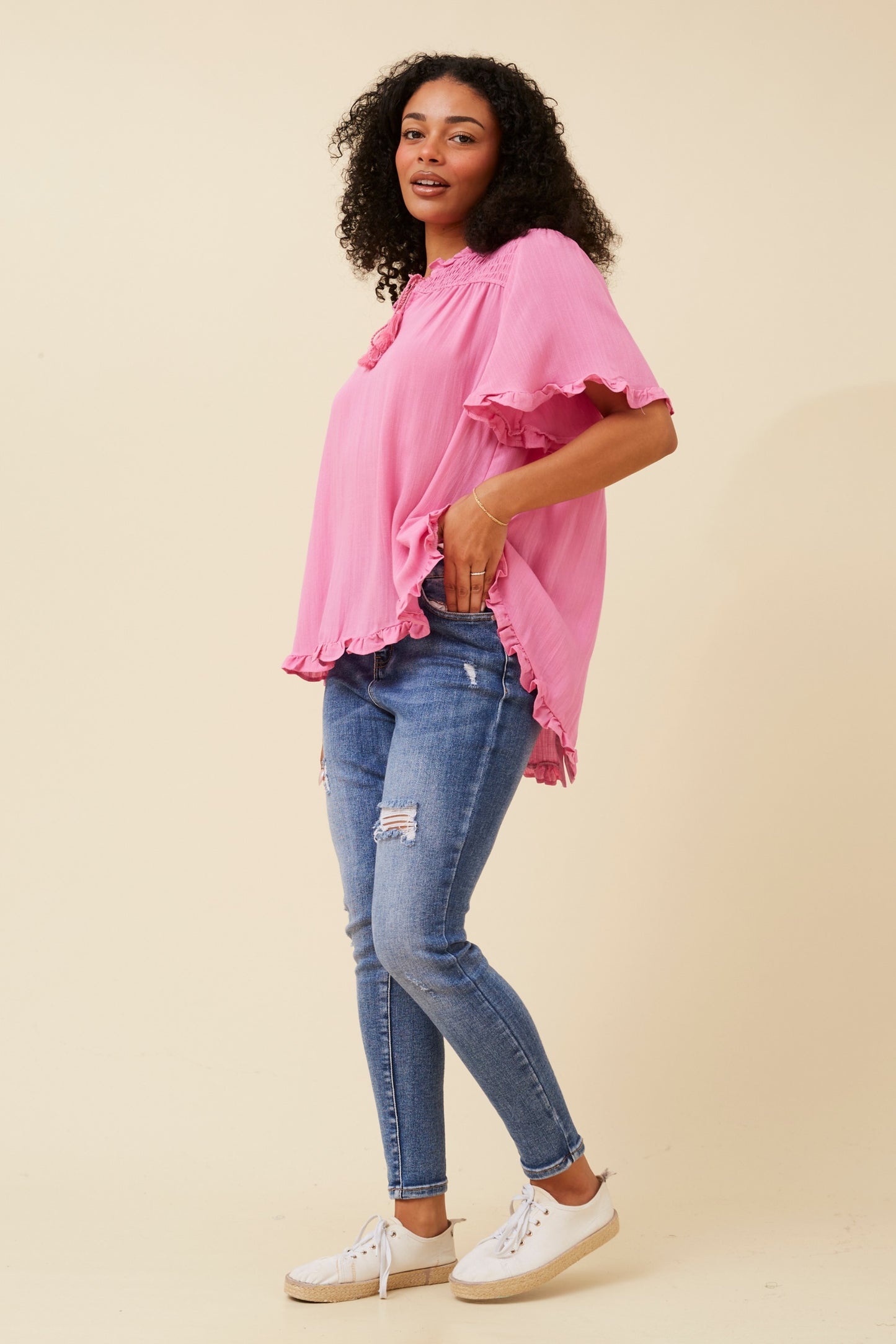 Kristel Short Frill  Sleeve Top T520237 - Pink