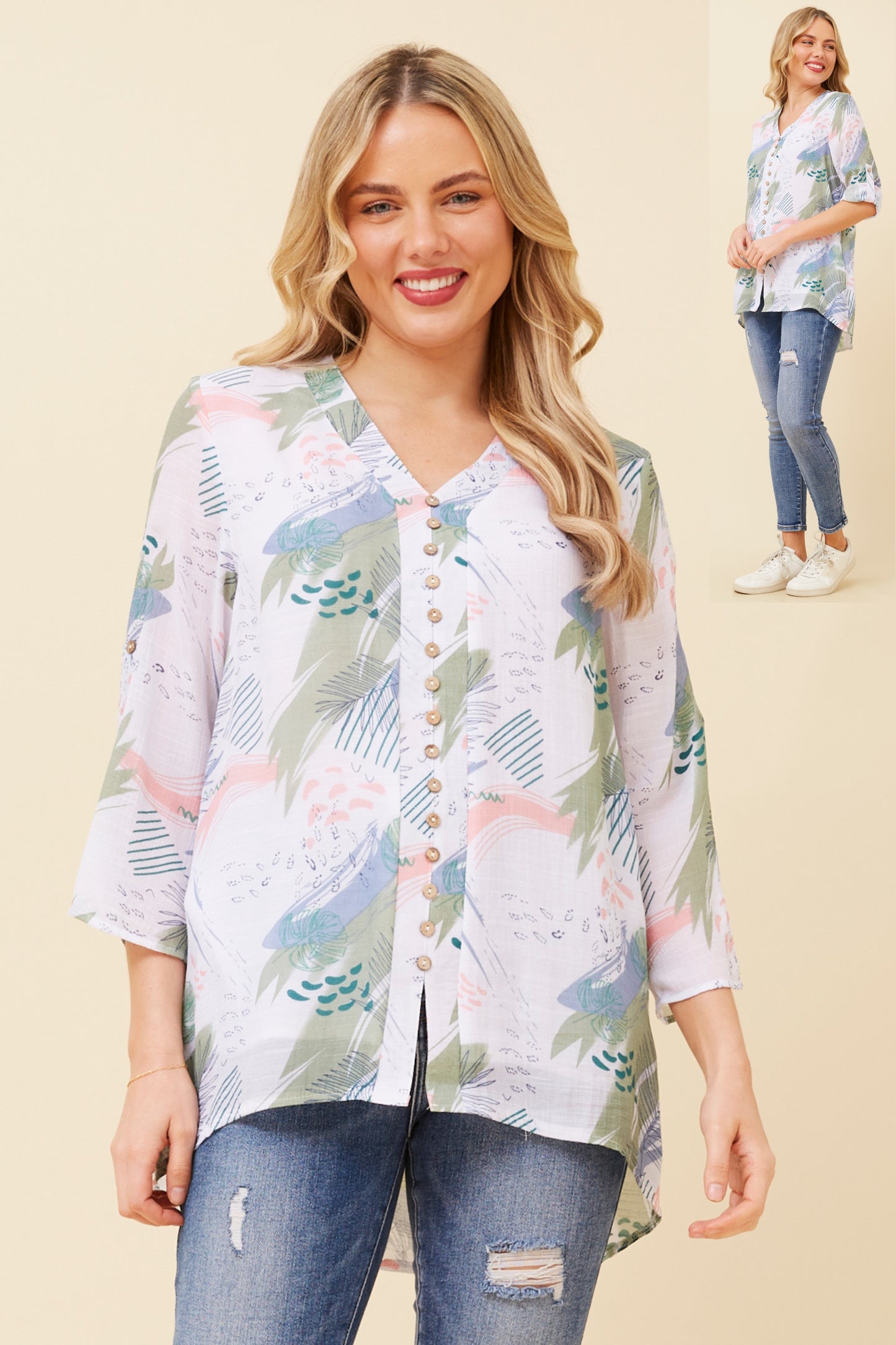 Edie Floral Print Button Top- Sage T520604