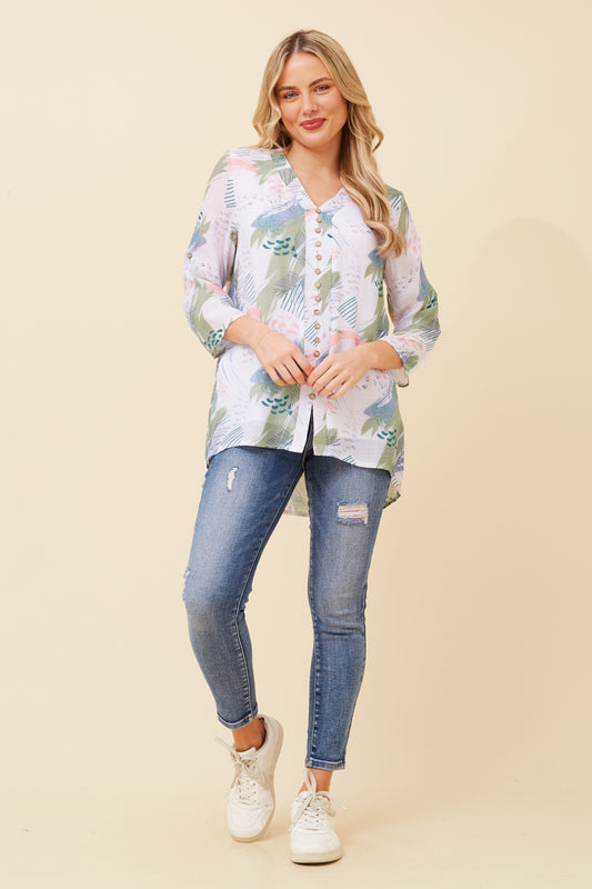 Edie Floral Print Button Top- Sage T520604