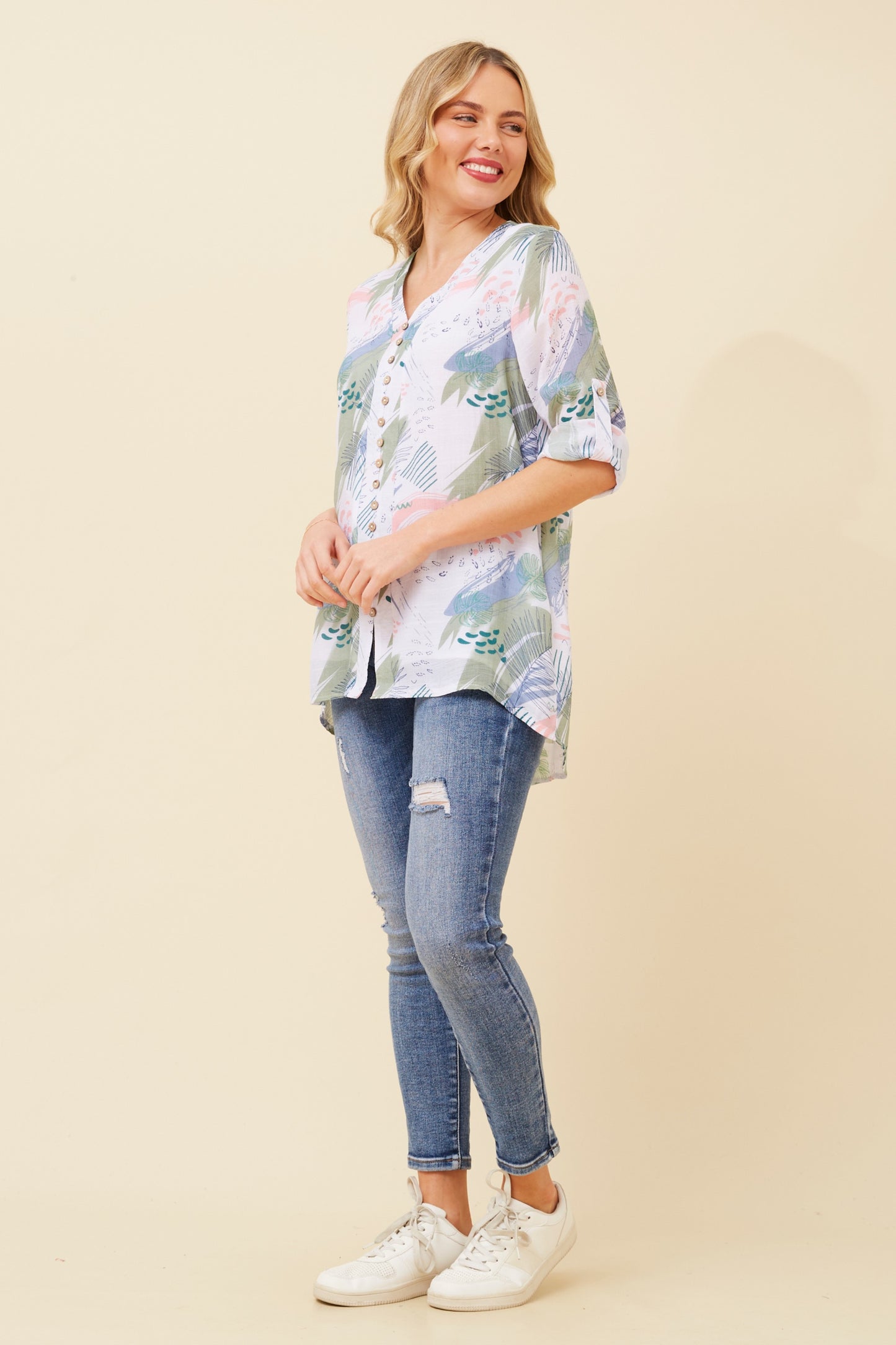 Edie Floral Print Button Top- Sage T520604