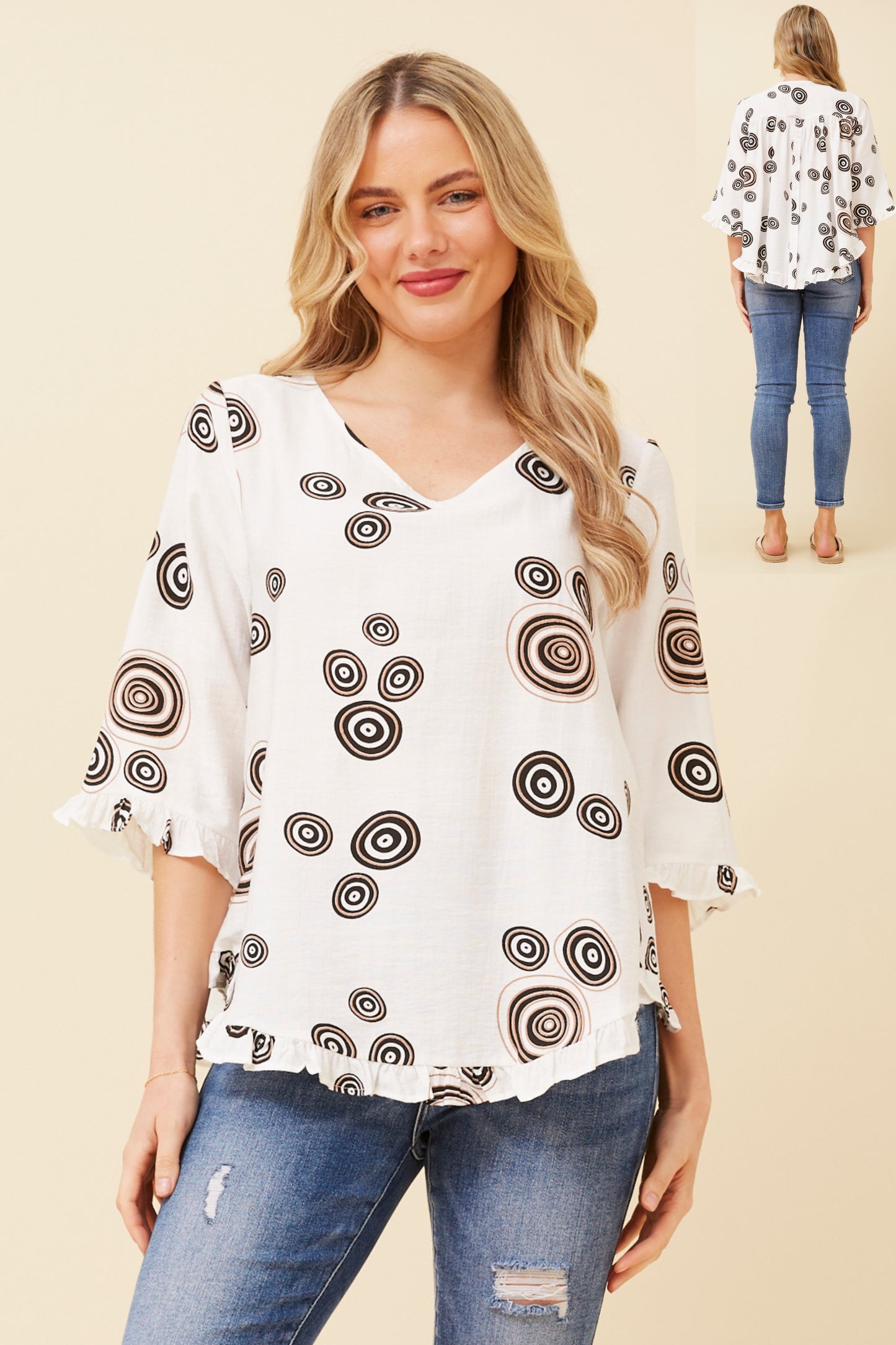 Lara Printed Top with Back Button T521347